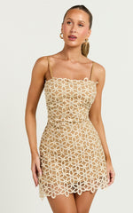 Ivy Mini Dress - Strappy Straight Neck Lace Detail Dress in Natural