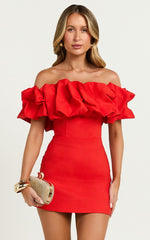 Coraline Mini Dress - Ruffle Off Shoulder Fitted Dress in Red