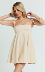 Jazmin Mini Linen Dress - Tie Shoulder Fit And Flare Dress in Oatmeal