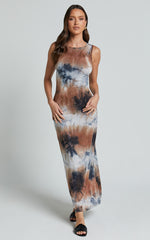 Amayra Midi Dress - High Neck Bodycon Dress in Blue Tie Dye