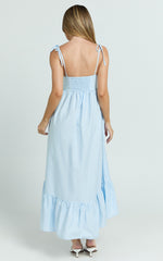 Aveiro Midi Dress - Straight Neck Shoulder Tie High Low Ruffle Hem in Soft Blue