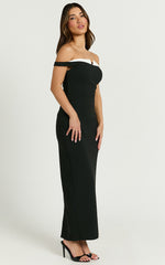 Raquel Midi Dress - Off The Shoulder Contrast Neck Detialing Dress in Black