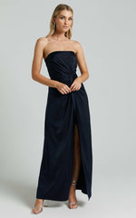 Hathaway Maxi Dress - Strapless Straight Neck Twist Front Split in Navy