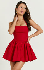 Helda Mini Dress - Halter Tie Neck Corset Panel Dress in Red