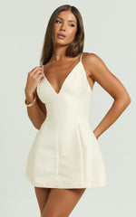Sheeran Mini Dress - Plunge A Line Dress in Cream