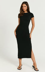 Elaine Midi Dress - Short Sleeve Slim Fit Bodycon Dress in Black