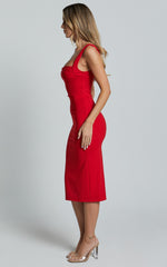 Tiffy Midi Dress - Square Neck Ruched Bodycon Dress in Scarlet
