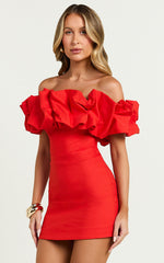 Coraline Mini Dress - Ruffle Off Shoulder Fitted Dress in Red