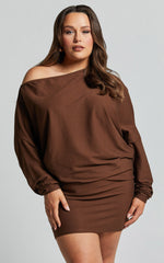 Fermina Mini Dress - Long Sleeve Bodycon Dress in Chocolate