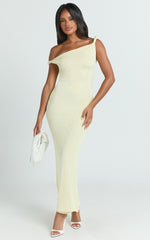Isabel Midi Dress - Twist Off Shoulder Bodycon Dress in Lemon