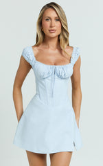 Charlotte Mini Dress - Cap Sleeve Fit And Flare Dress in Blue