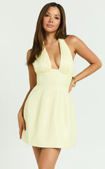 Bessie Mini Dress - Halter Gathered Top Fit And Flare Dress in Lemon