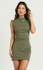 Carleigh Mini Dress - High Neck Ruched Bodycon Dress in Olive