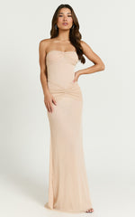 Uma Maxi Dress - Glitter Tulle Strapless Ruched Side Dress in Nude