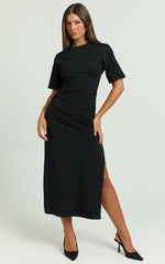 Lizzy Midi Dress - Jersey Ruched Side Split Dress in Black