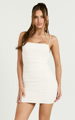 Lupita Mini Dress - Ruched Square Neck Mini Dress in Cream