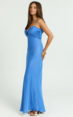 Regine Maxi Dress - Satin Slip Dress with Key Hole Front in Blue