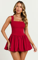 Bridgette Mini Dress - Straight Neck Sleeveless Bubble Hem Dress in Red