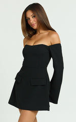 Nettie Mini Dress - Off Shoulder Longsleeve Fit and Flare Dress in Black