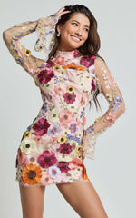 Albina Mini Dress - High Neck Long Sleeve Back Cut Out Dress in Pink