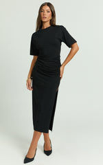 Lizzy Midi Dress - Jersey Ruched Side Split Dress in Black