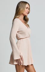 The Next Step Mini Dress - Long Sleeve Dress in Beige Marle