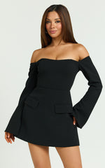 Nettie Mini Dress - Off Shoulder Longsleeve Fit and Flare Dress in Black