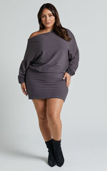 Fermina Mini Dress - Long Sleeve Bodycon Dress in Charcoal Rib