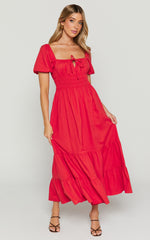 Claritza Midi Dress - Linen Look Short Puff Sleeve Square Neck Tiered Dress in Red