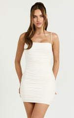 Lupita Mini Dress - Ruched Square Neck Mini Dress in Cream