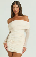 Clyde Mini Dress - Mesh Off Shoulder Ruched Bodycon Dress in Cream