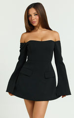 Nettie Mini Dress - Off Shoulder Longsleeve Fit and Flare Dress in Black