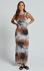Amayra Midi Dress - High Neck Bodycon Dress in Blue Tie Dye