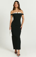 Raquel Midi Dress - Off The Shoulder Contrast Neck Detialing Dress in Black