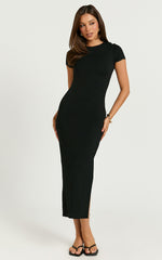 Elaine Midi Dress - Short Sleeve Slim Fit Bodycon Dress in Black