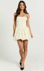 Harley Mini Dress - Strapless Drop Waist Bubble Hem Contrast Dress in Cream