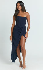 Daniella Maxi Dress - Strapless Corset Draped Asymmetrical Dress in Navy