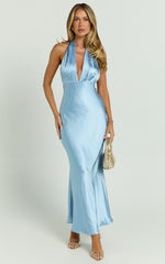 Aiyana Midi Dress - Halter Neck Satin Dress in Blue