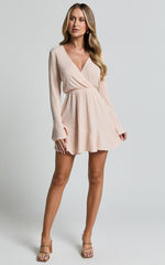The Next Step Mini Dress - Long Sleeve Dress in Beige Marle