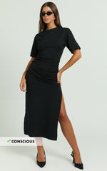 Lizzy Midi Dress - Jersey Ruched Side Split Dress in Black