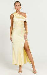 Rowena Midi Dress - One Shoulder Satin Dress in Lemon