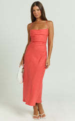 Evangeline Midi Dress - Square Neck Cross Back Bias Dress in Coral