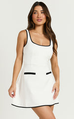Pauline Mini Dress - Contrast Square Neck Fit and Flare Dress in Ivory
