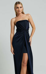 Hathaway Maxi Dress - Strapless Straight Neck Twist Front Split in Navy