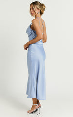 Soft Petal Midi Dress - Cowl Crossover Back Dress in Cornflower Blue