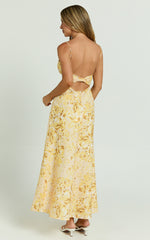 Giselli Midi Dress - Adjustable Strap Ruched Bust Dress in Lemon Floral