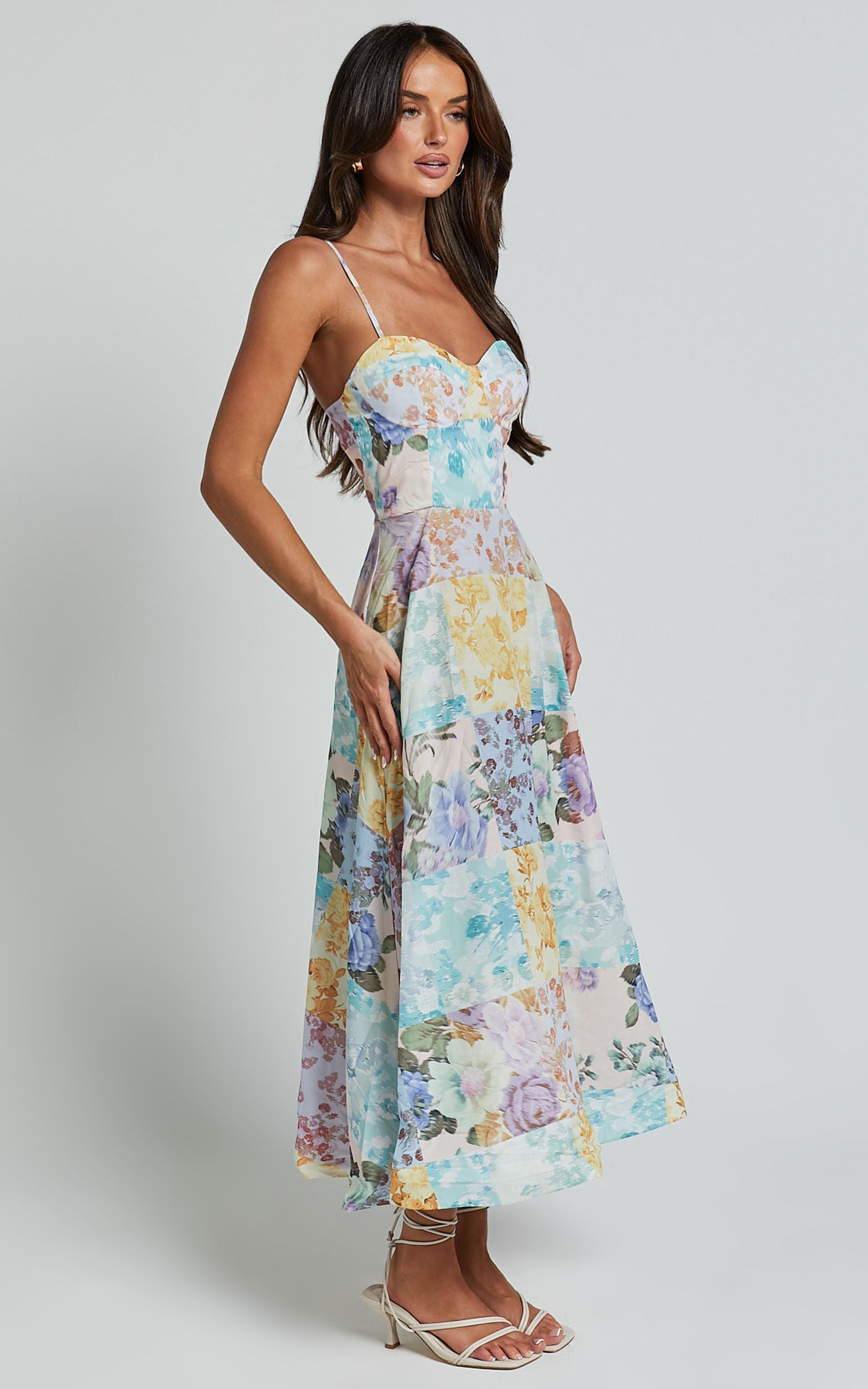 Robertson Midi Dress - Strappy Sweetheart Bustier Flare Dress in Vintage Floral