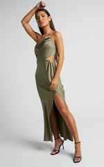 Jaylani Midi Dress - One Shoulder Thigh Split Gathered Satin Dress in Dark Olive