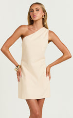 Mardelle Mini Dress - Linen One Shoulder Shift Dress in Neutral