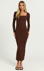 Lucy Midi Dress - Ribbed Side Ruched Bodycon Dress in Espresso